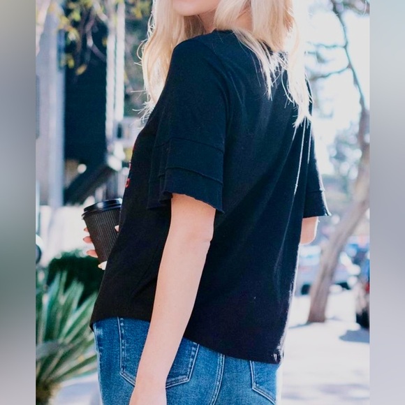 EUC Amaryllis Black Ruffle Sleeve Floral Embroidered Top Sz L - Picture 2 of 16